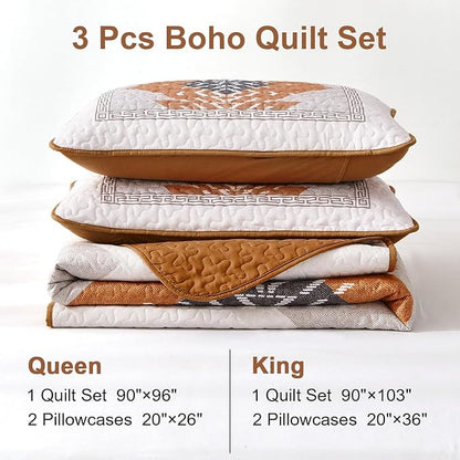 Dintszyayue Boho Quilt Set King Size 3 Pieces Aztec Texture Bedspread Coverlet Set Bohemian Quilt Bedding Set Microfiber Lightweight Bed Cover for All Seasons (Terracotta, 90"×103")