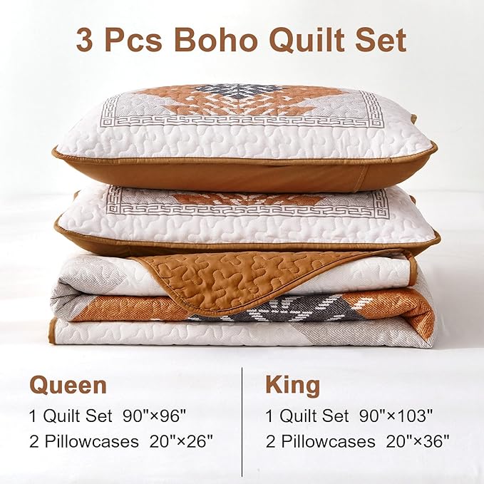 Dintszyayue Boho Queen Quilt Set 3 Pieces Aztec Texture Bedspread Coverlet Set Bohemian Quilt Bedding Set Microfiber Lightweight Bed Cover for All Seasons (Terracotta, 90"×96")