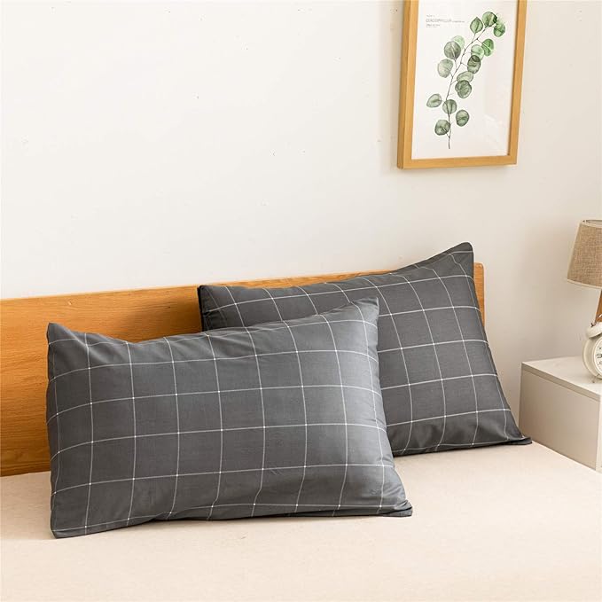 JELLYMONI 100% Natural Cotton 3pcs Plaid Duvet Cover Sets, Black with White Grid Geometric Pattern Printed Comforter Cover,with Zipper Closure & Corner Ties(King Size)