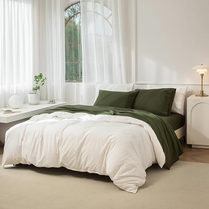 JIYUAN Full Size Sheet Set, 4-Piece - 100% Washed Cotton, Linen-Like Soft & Breathable, Includes Deep Pocket Fitted & Flat Sheet with 2 Pillowcases, Hotel Quality, Solid Olive Green