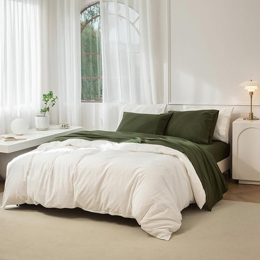 JIYUAN King Size Sheet Set, 4-Piece - 100% Washed Cotton, Linen-Like Soft & Breathable, Includes Deep Pocket Fitted & Flat Sheet with 2 Pillowcases, Hotel Quality, Solid Olive Green
