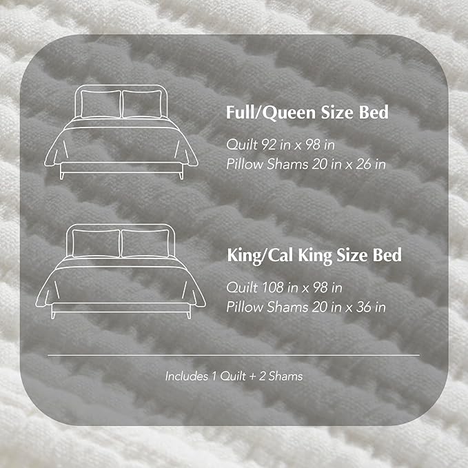 EVERGRACEHOME Cotton Coverlet Set Full Queen Size 3 Pieces, Lightweight Soft Ribbed Matelassé Bedspread Quilt Set, Cozy Oversized Quilted Bedding Set with 2 Pillow Shams for All Seasons, Ivory White