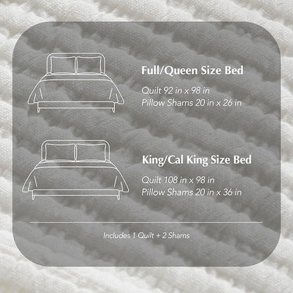 EVERGRACEHOME Cotton Coverlet Set Full Queen Size 3 Pieces, Lightweight Soft Ribbed Matelassé Bedspread Quilt Set, Cozy Oversized Quilted Bedding Set with 2 Pillow Shams for All Seasons, Ivory White