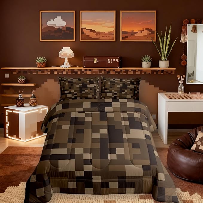 Manfei Pixelated Bedding Set Twin Size, Grid Army Camo Pixel Games Comforter Set，Cartoon Gamepad Video Games Quilt Comforter Boys Teens,Brown Room Decor All Season,1 Pillowcase