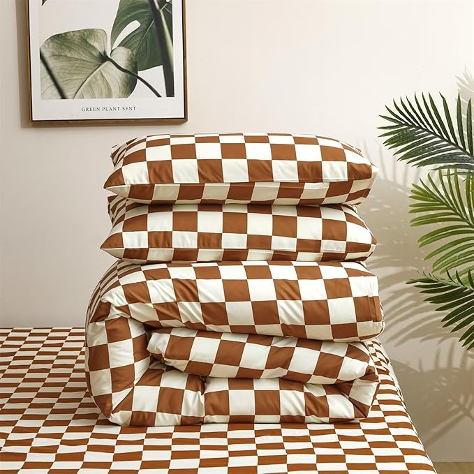 Houseri White Brown Plaid Comforter Set King Pumpkin Colored Checkerboard Comforter King Size Men Women Caramel Buffalo Checkered Bedding Elegant Camel Grid Gingham Checker Bed Comforter Sets King