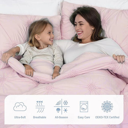 Swift Home Twin/Twin XL Baby Pink Rose Blush Comforter Set - Ruched 3D Floral Pintuck Bedding Set - 2 Pieces Bed Linen, 1 Comforter and 1 Pillow Sham