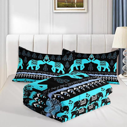 Western Comforter Set Queen Size Elephant Print Bedding for Kids,Blue Series Animal Themed Bedding Set for Boys Girls Room Decor,Boho Bedding Comforter Sets with 2 Pillowcases.