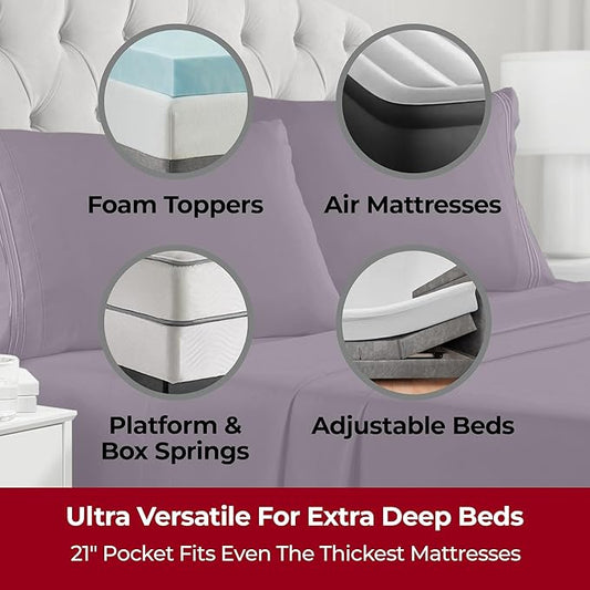 Mellanni Extra Deep Queen Sheets - 4 PC Iconic Collection Bedding - Hotel Luxury, Ultra Soft, Cooling Bed Sheets - Wrinkle, Fade, Stain Resistant (Queen, Purple)