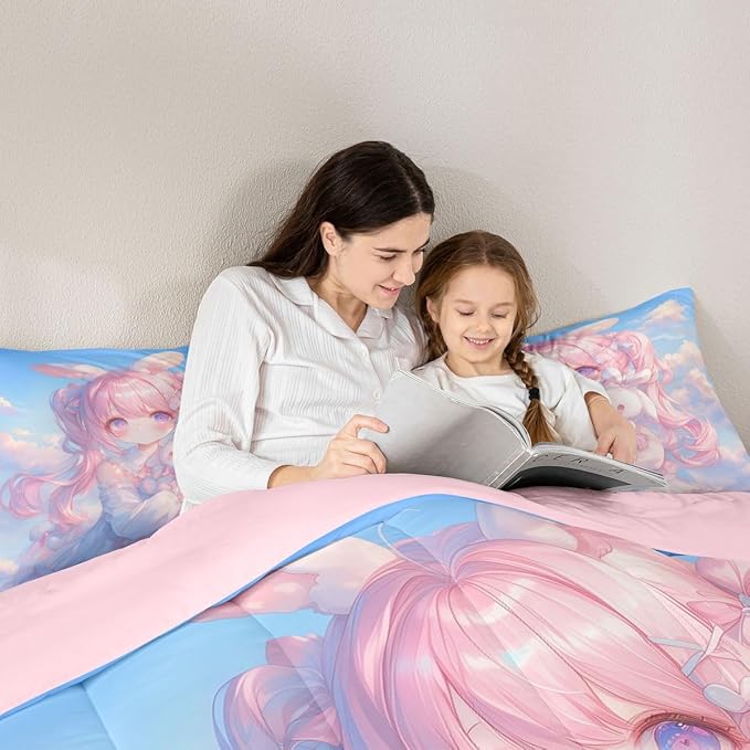 Erosebridal Kawaii Girl Bedding Twin,3D Anime Gifts Comforter Set Japanese Girl with Curly Hair Bed Sets Romance Style Duvet Insert 2 Pieces
