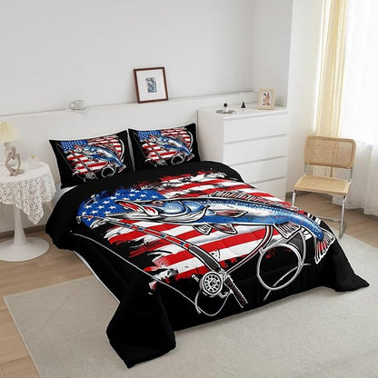 Feelyou Bass Fish Bedding Set Twin Size Farmhouse Fishing American Flag Comforter Set for Kids Boys Girls Teens Fishing Lover Room Wild Pike Fish Decor Comforter Red Blue Stripe Quilted Set 3Pcs