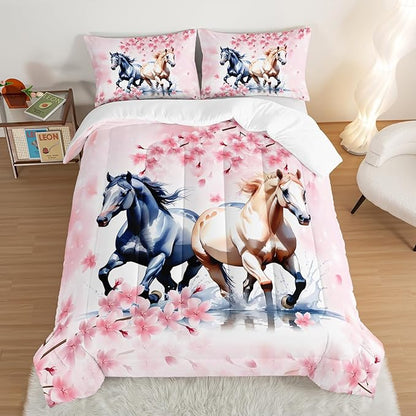 Horse Comforter Set Kids Bedding Queen Size,Pink Cherry Blossom Bedding Set for Girls Boys Teens Bedroom Decor Aesthetic,Galloping Horse Bedding Comforter Sets with 2 Pillowcases.