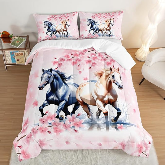 Horse Comforter Set Kids Bedding Queen Size,Pink Cherry Blossom Bedding Set for Girls Boys Teens Bedroom Decor Aesthetic,Galloping Horse Bedding Comforter Sets with 2 Pillowcases.