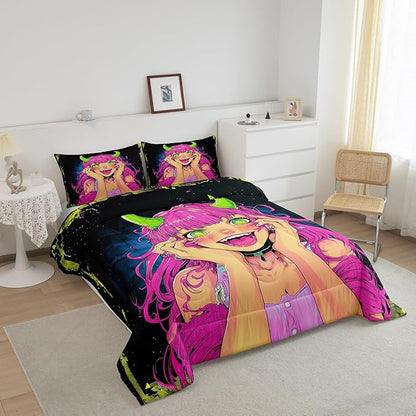 Erosebridal Anime Girl Comforter Set Queen Size, Japanese Anime Bedding Set for Kids Boys Teens Bedroom Decor, Cartoon Girl Quilt Kawaii Japanese Animation Duvet Insert with 2 Pillow Cases