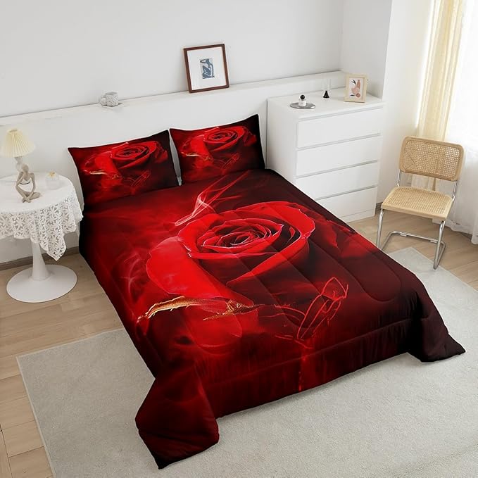 Erosebridal 3D Red Rose Comforter King,Romantic Floral Down Comforter for Girls Women Valentine's Day Gift,Ombre Botanical Flowers Bedding Soft Microfiber 3Pcs Quilted Duvet (1 Quilt+2 Pillow Cases)