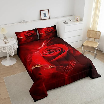 Erosebridal 3D Red Rose Comforter King,Romantic Floral Down Comforter for Girls Women Valentine's Day Gift,Ombre Botanical Flowers Bedding Soft Microfiber 3Pcs Quilted Duvet (1 Quilt+2 Pillow Cases)