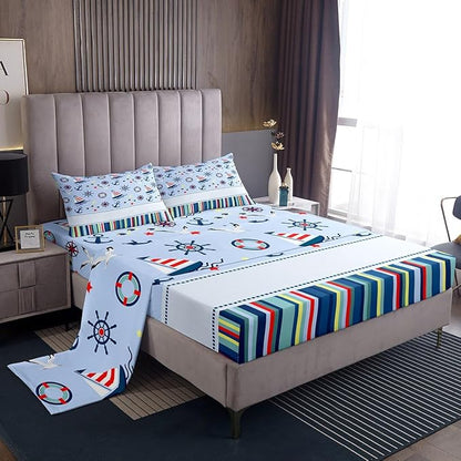 Nautical Anchor Bed Sheets Set Ocean Fish Seagull Blue Fitted Sheet Outdoor Adventure Bedding Set for Bedroom Decor Red Blue Stripes Sheet (Twin Flat Sheet & Fitted Sheet with 1 Pillow Case)