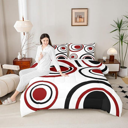 Erosebridal Red Black Circles King Bedding Set Striped Abstract Comforter Set for Adult Women Men Modern Geometric Bed Collections Minimalism Lines Boho Simple Art Duvet Quilt Sets