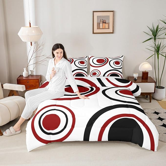 Erosebridal Red Black Circles Queen Comforter Set for Adult Women Men Striped Abstract Bedding Set Modern Geometric Bed Set Minimalism Lines Boho Simple Art Quilt Set
