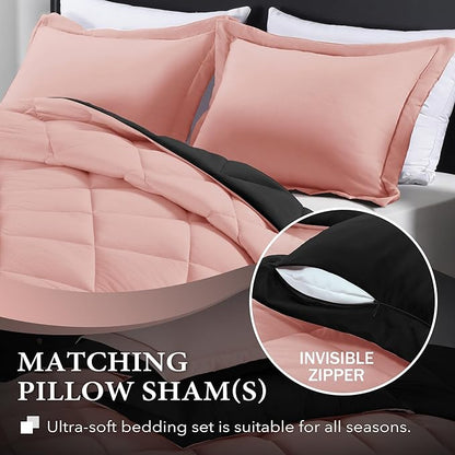 downluxe Queen Comforter Set - Pink and Black Queen Comforter, Soft Bedding Sets for All Seasons -3 Pieces - 1 Comforter (88"x92") and 2 Pillow Shams(20"x26")