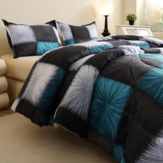 Caressma Black and White Checkered Comforter Bedding Set, 3 Pieces Full Size Blue White Plaid Comforter Set, Fluffy Black Grid Home Decor for All Seasons