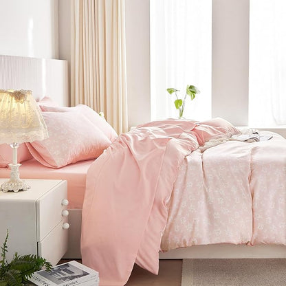 Wake In Cloud - Coquette Duvet Cover Set, Floral Cottagecore Flower Shabby Chic Cute Aesthetic, Soft Lightweight Bedding for Women Teen Girls, 3-Piece, Light Pink, Twin/Twin XL Size