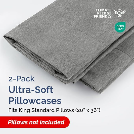 King Standard Pillow Cases Set of 2 - Ultra-Soft Hotel Quality Pillowcase Covers - Comfy, Cozy & Fade Free - Wrinkle Resistant - Machine Washable Pillow Protectors - 2 Piece Set - Heathered Grey