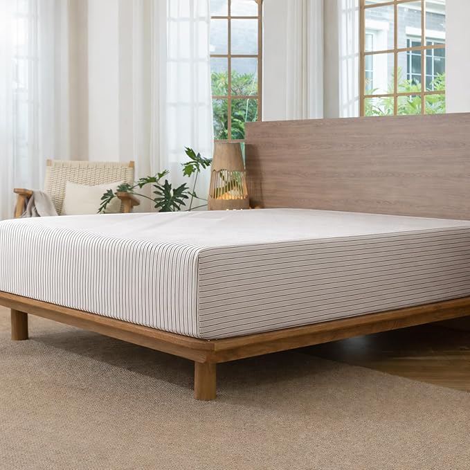 MooMee Fitted Bottom Sheet Only 100% Washed Cotton Linen Like Textured Breathable Durable Soft Comfy Deep Pocket Fits Mattress up to 17" (White Dark Grey Wide Stripes, King)