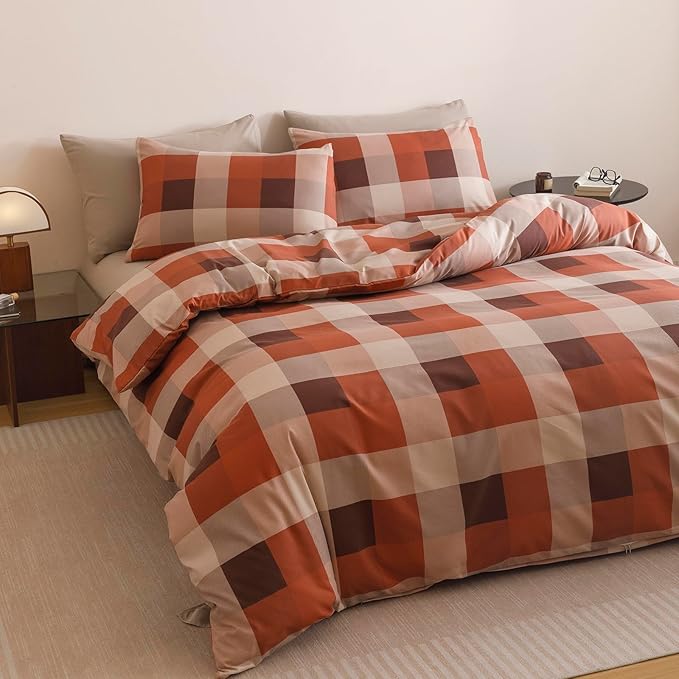 CLOTHKNOW Rust Khaki Plaid Comforter Set Twin 3Pcs Gingham Buffalo Bedding Sets Checker Comforter Soft Lightweight Fluffy