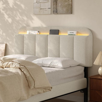 Adjustable Headboard for Full/Queen Size Bed Frame, Linen Fabric Bed Headboard with Storage & RGB LED Light in Modern Vertical Channel Design, White