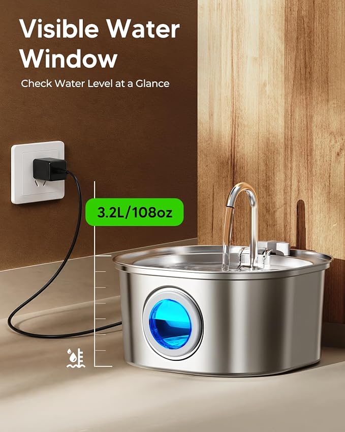 PEKTACO Stainless Steel Cat Water Fountain, 3.2L Drinking Fountain for Pets | Cat water dispenser, dishwasher safe, with triple filtration, quiet pump, and visible water window for cats and small pets
