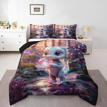 Feelyou Dragon Comforter Set King Size Cute Comforter for Boys Girls Teens Wild Life Bedding Set Dragon Decor Duvet Set Room Decor Pink Purple Quilt Set