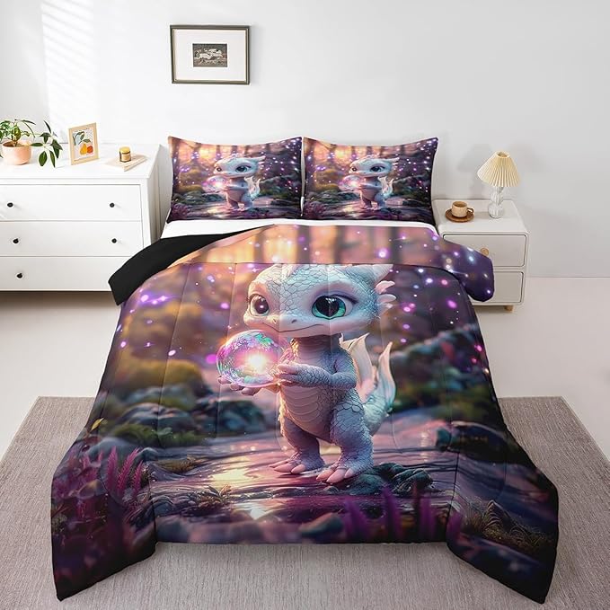 Feelyou Dragon Comforter Set Twin Size Cute Comforter for Boys Girls Teens Wild Life Bedding Set Dragon Decor Duvet Set Room Decor Pink Purple Quilt Set