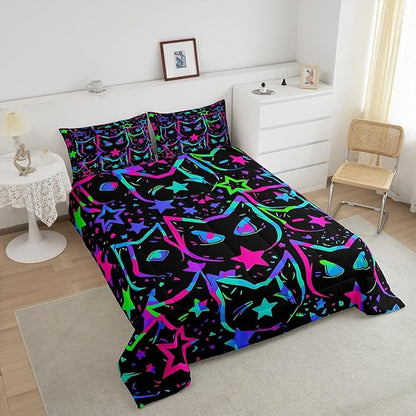 Erosebridal Cartoon Cat Bedding, Black Cat Comforter Set for Kids Girls Boys Teens, Ombre Glowing Neon Stars Down Comforter, Kawaii Kitten Duvet Insert, Gradient Galaxy Quilt, Queen