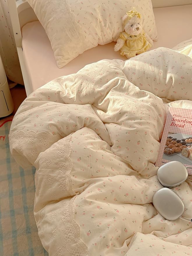 VM VOUGEMARKET Full Comforter Set Vintage Pink Flower Comforter with Romantic Lace Trim Soft Lightweight Bedding Set for Teen Girls-80 x90