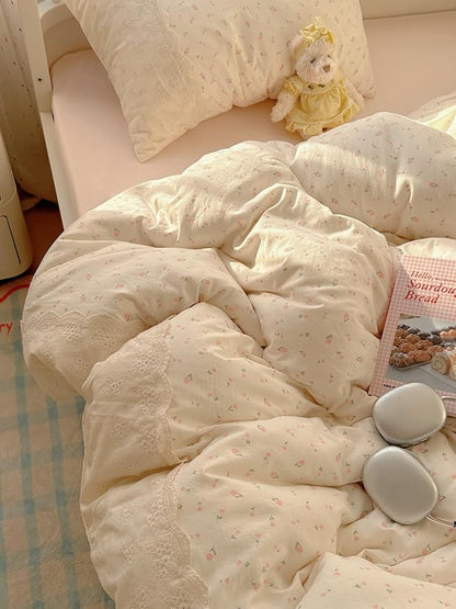 VM VOUGEMARKET Full Comforter Set Vintage Pink Flower Comforter with Romantic Lace Trim Soft Lightweight Bedding Set for Teen Girls-80 x90