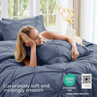 Sasttie Queen Comforter Set, 7-Piece Bed in a Bag, Pintuck Bedding Sets for All Season, Includes Comforter, Flat Sheet, Fitted Sheet, Pillowcases and Pillowshams, Indigo Blue