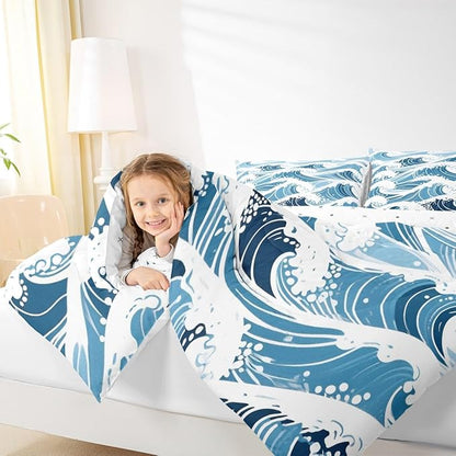 Erosebridal Sea Waves Comforter Set Toddler Size Ukiyo-E Bedding Set for Kids Men Women Geometric Japanese Style Navy Blue White Comforter Warm Soft Quilt Insert