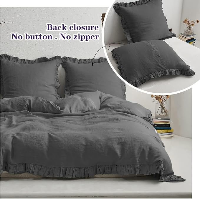 Simple&Opulence 100% Linen Euro Sham Covers with Ruffle, 26x26 Inch Pillow Covers Set of 2, Euro Pillow Shams for Bed Couch French Home Decor Luxury and Breathable Square Pillow Cases, Dark Grey