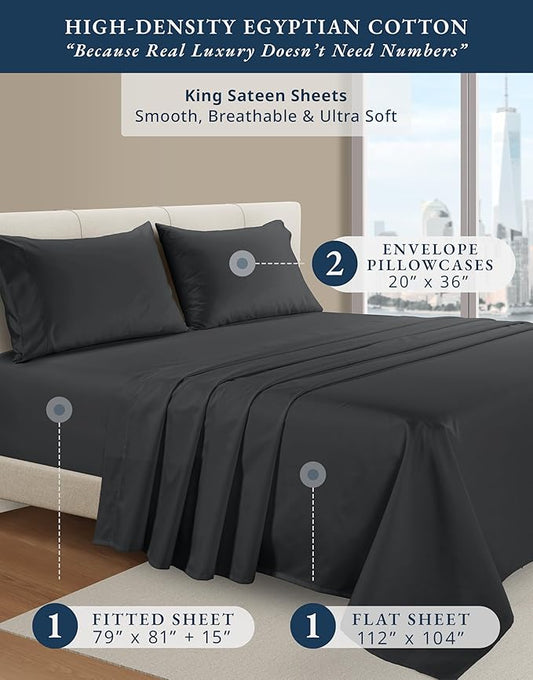 LANE LINEN 100% Egyptian Cotton Sheets King Size, Fully Elasticized Reinforced Seams Extra Deep Pocket King Sheet, No Pill Fade Resistant Cooling Sheets King Size - Moonless Night