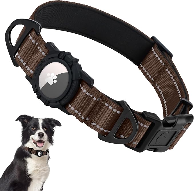 Taglory AirTag Dog Collar with Waterproof Holder for Medium Dogs, Brown, M | Reflective for Night Walks & Low-Light Safety, Track Your Pup Peace of Mind, Adjustable Soft Padded, No More Dangling Tags
