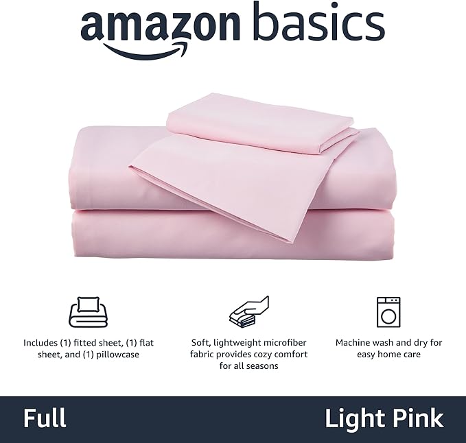 Amazon Basics Kid's Soft, Breathable Microfiber 4-Piece Sheet Set, Full, Light Pink, Solid