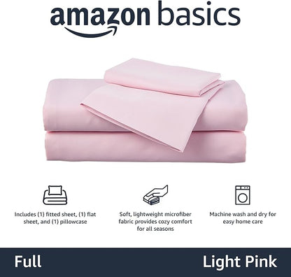 Amazon Basics Kid's Soft, Breathable Microfiber 4-Piece Sheet Set, Full, Light Pink, Solid