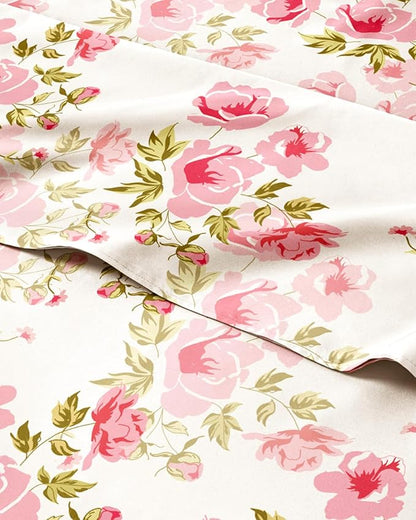 Floral Sheets - Pink Floral Bed Sheet Set - 1 Flat, 1 Fitted & 1 Pillowcase w/ Deep Pockets - Comfy, Wrinkle & Fade Free - Boho Botanical Bedding - Ultra-Soft, Breathable & Cooling - Twin XL Size Set