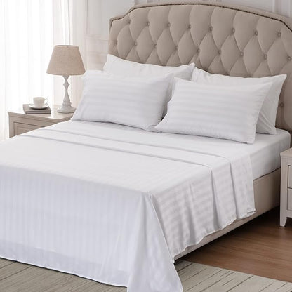 SLEEP ZONE Striped Cooling Sheets Set King Size - Fitted Flat Sheet & Pillowcase Sets 4 Piece - Super Soft Stripe Bed Sheet, Easy Care, Deep Pocket (White, King)