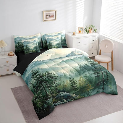 Erosebridal Green Forest Twin Comforter Set with Sheets 7 Piece Woodland Mountain Bed in A Bag Watercolor Pine Tree Bedding Sets for Kids Adults,Nature Aesthetics Bed Set