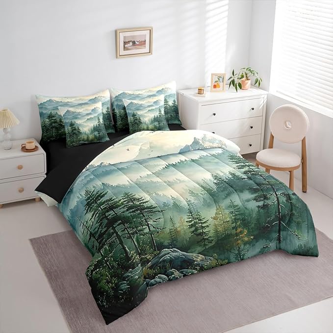 Erosebridal Green Forest Full Comforter Set with Sheets 7 Piece Woodland Mountain Bed in A Bag Watercolor Pine Tree Bedding Sets for Kids Adults,Nature Aesthetics Bed Set