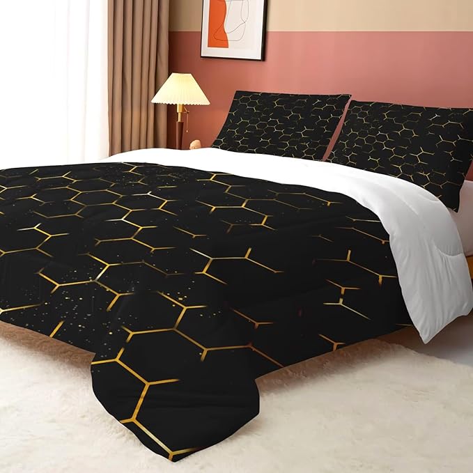 Black and Gold Comforter Set Full/Queen Size Geometric Honeycomb Bedding for Girls Boys Women Bedroom Decor Quilt Bed Sets, 1 Comforter 2 Pillowcases