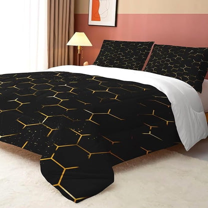 Geometric Comforter Set Twin Size Black and Gold Honeycomb Bedding for Kids Girls Boys Bedroom Decor Quilt Bed Sets, 1 Comforter 1 Pillowcase