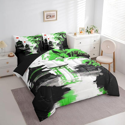 Erosebridal Japanese 7 Piece Bed in A Bag Full Sun Cherry Blossom Comforter Set with Sheets Watercolor Black Green Pavilions Mountain Sakura Floral Bedding Set for Kids Adults Chinese Ink Bed Set