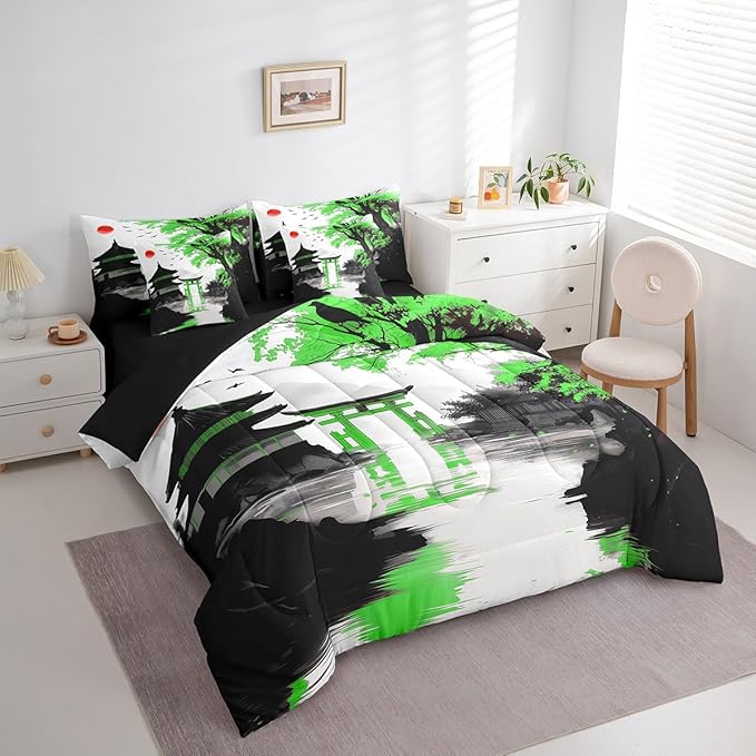 Erosebridal Japanese 7 Piece Bed in A Bag Queen Sun Cherry Blossom Comforter Set with Sheets Watercolor Black Green Pavilions Mountain Sakura Floral Bedding Set for Kids Adults Chinese Ink Bed Set